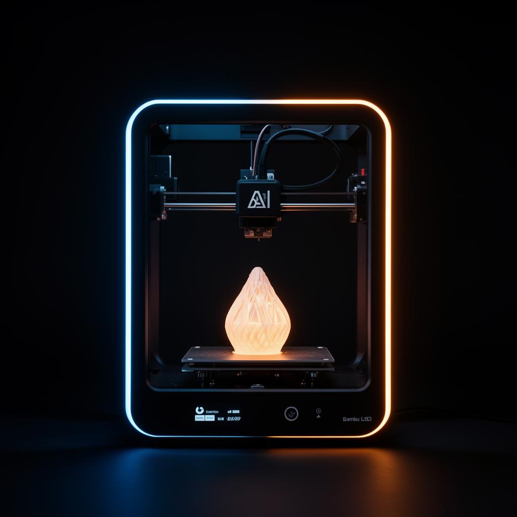 Composição com Funko personalizado, impressora 3D e luminária